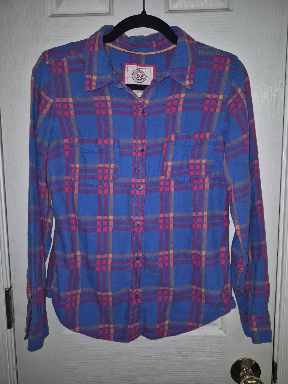 SO Blue Plaid Button-Down Shirt with Pink and Tan Accents